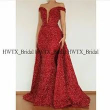 Красное блестящее вечернее платье русалки со съемным шлейфом, с открытыми плечами, длинное вечернее платье с блестками,, на заказ, Robe de soiree