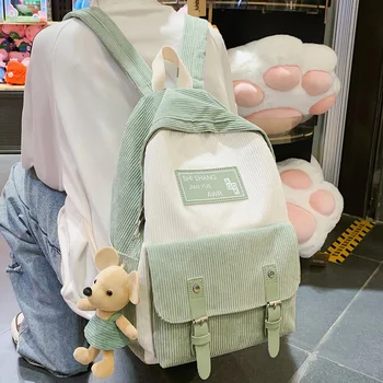 

Stripe Female Corduroy Backpack kawaii Women School Bag Girl Luxury Cute Backpack Harajuku Fashion Lady Bag Student Doll pendant