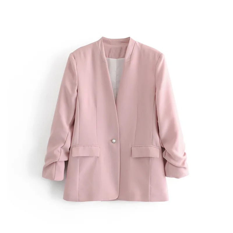

Western Style WOMEN'S Dress 2019 Spring New Style V-neck a Grain of Pearl Clasp zhe zhou xiu Suit Jacket Women's