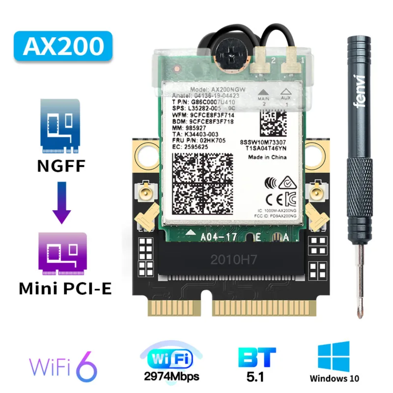 

2974Mbps For Intel AX200 Wifi 6 Mini PCI-E Adapter Bluetooth 5.0 Dual Band 2.4G/5GHz 802.11ax/ac MU-MIMO Wireless Network Card