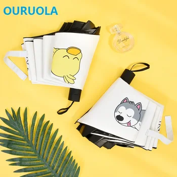 

OURUOLA Cartoon Husky Umbrella Parasol Rain Little Yellow Duck Folding Umbrellas For Girl Women UV Windproof Umbrellas