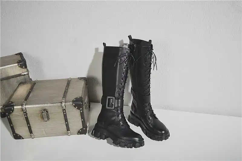 MORAZORA/Новинка года; высокие сапоги до колена; женская обувь из натуральной кожи; красивые женские мотоциклетные ботинки на шнуровке с пряжкой; сезон осень-зима
