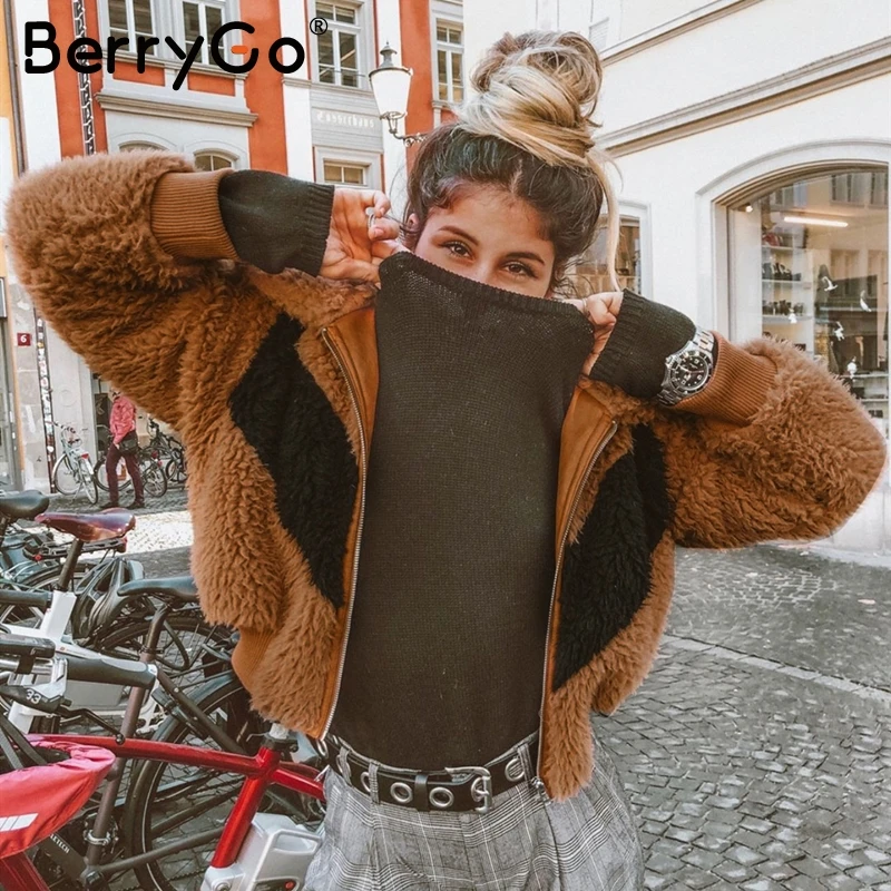 

BerryGo Casual patchwork faux fur coat women Vintage pockets female winter warm coats Chic zipper ladies thick outwear jackets