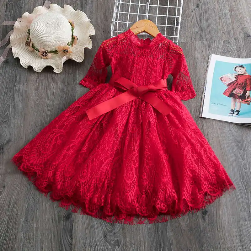 Г. Новогодние красные вечерние платья для девочек, кружевное платье принцессы Повседневная одежда осенне-зимняя детская одежда с длинными рукавами - Цвет: Style1