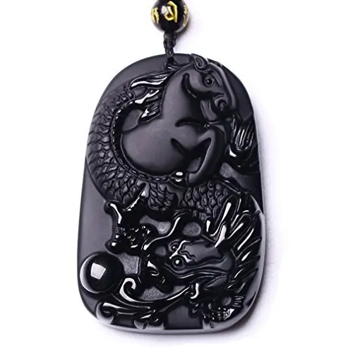 

LETSFUN Fine Jewelry Handmade Carved Obsidian Lucky Wealthy Dragon Horse Pendant Necklace Free Shipping