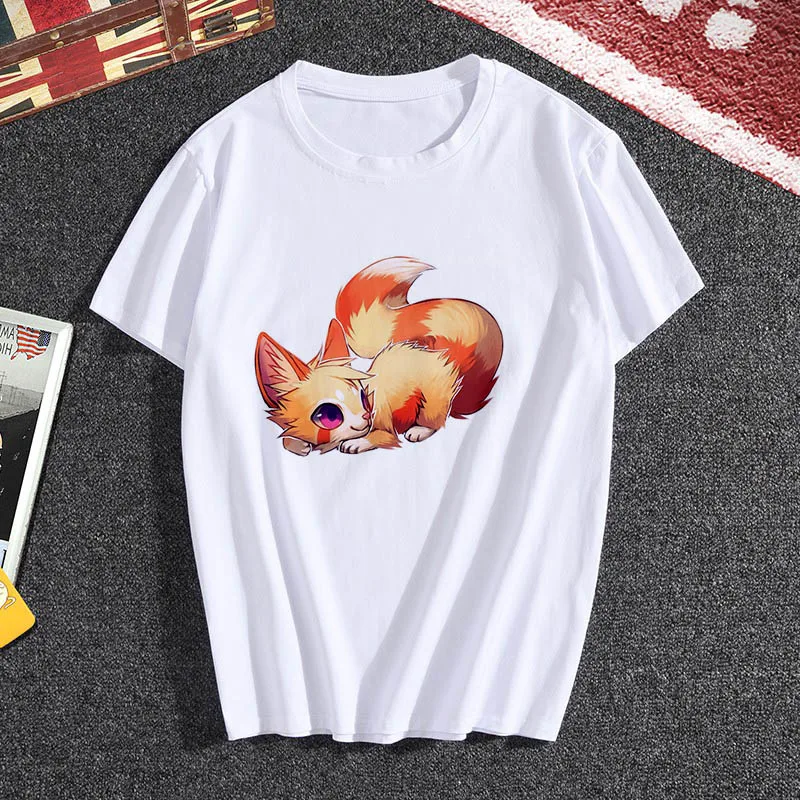 Новые kawaii с рисунком в виде лисы футболка Для женщин hipster Милая футболка женская мода сезона Harajuku белая 0-образным вырезом; топы; детская одежда - Цвет: YH-3178