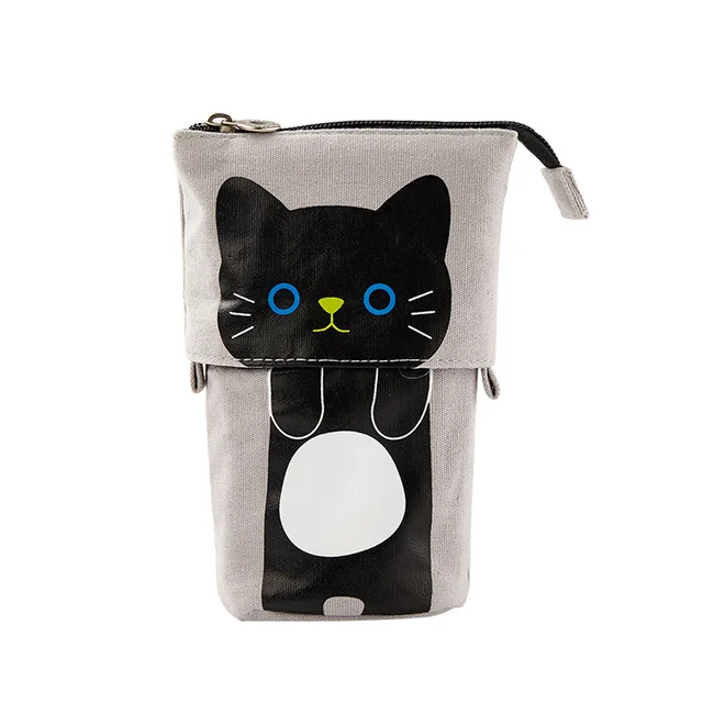 Angoo [Fun] Pen Pencil Bag Case, Cartoon Cute Cat Bear Sheep Canvas Fold Standing Holder Stationery Organizer Kids Gift A6445 Black Cat