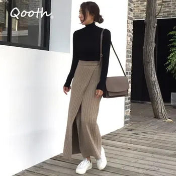 

Qooth Autumn Winter Knitting Skirt High Waist Office Lady Long Skirt Women Open Slit Knitted Casual Vintage Maxi Skirt QH1699