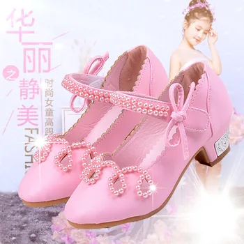 

Princess Kids Leather Shoes For Girls Flower Casual Crystal Glitter Children High Heel Girls Shoes Butterfly Knot Pink Silver
