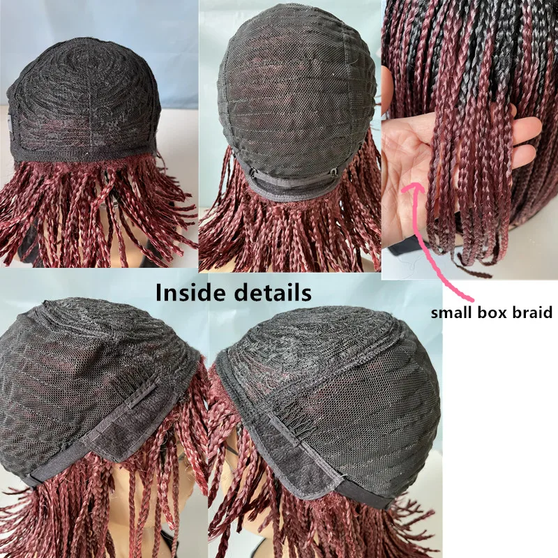 Hywamply 12" Synthetic Small Box Braided Hair Wigs With Bangs Black Bug Ombre Shade Short Bob Hairstyle Machine Wig