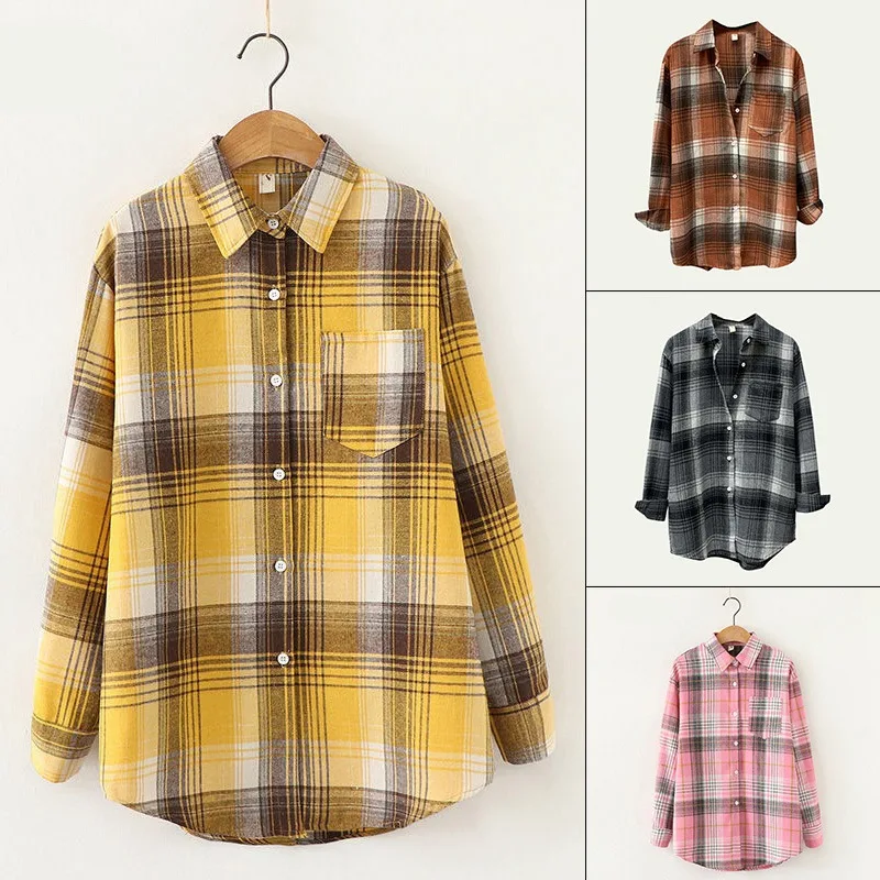 

Harajuku Colorblock Plaid Shirt For Women 2021 Spring Retro Long Sleeve Loose Top Button Plaid Shirt Lapel Loose Blouse
