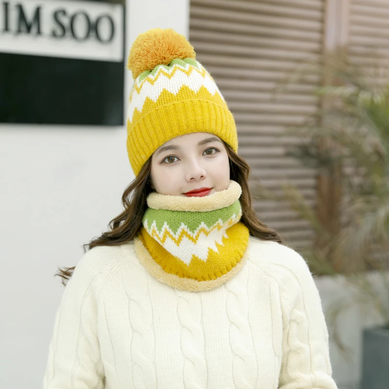 YELLOW HAT SCARF Новинка, модная женская шапка, шарф, набор для женщин, девушек, теплая шапка бини, женский шарф, помпоны, зимние шапки - Цвет: YELLOW HAT SCARF