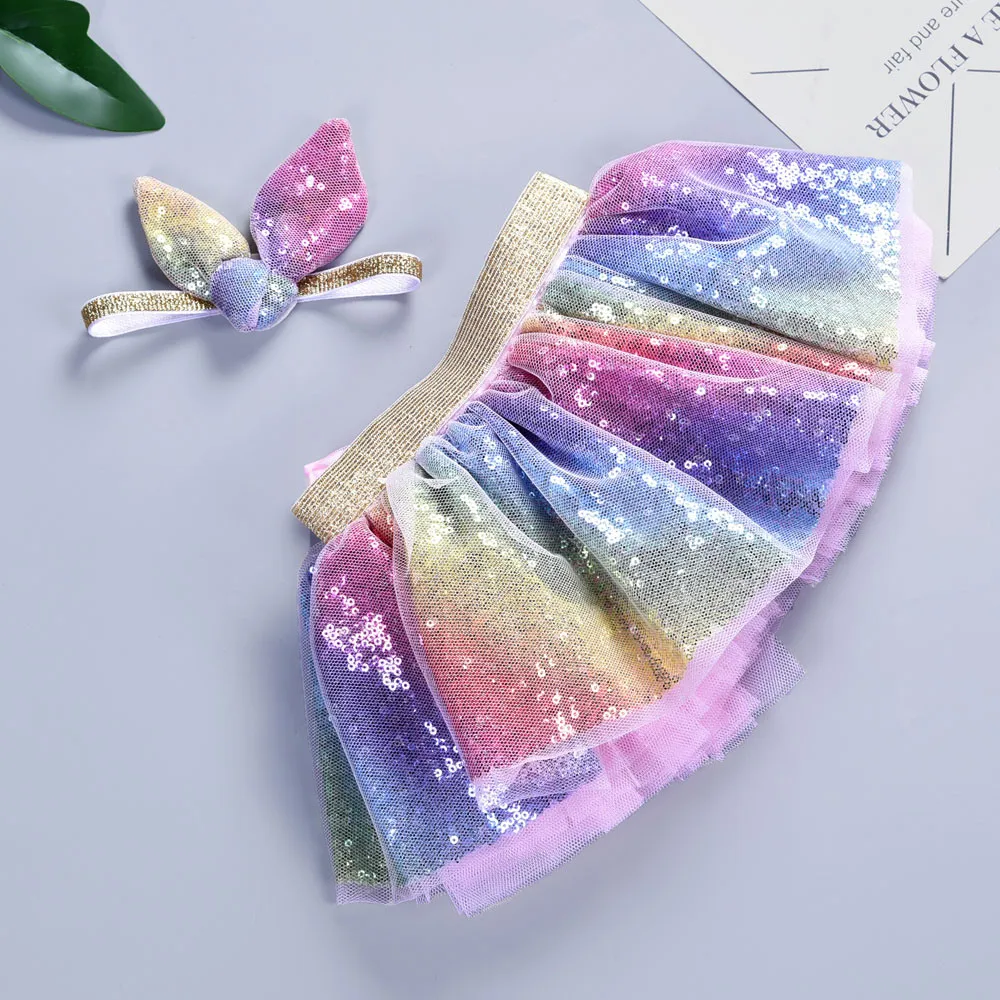 Комплект из 2 предметов, детская юбка для девочек+ повязка на голову с ушками, юбка-пачка юбки для девочек вечерние юбки радужной расцветки для танцев Детский костюм для балета