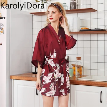 

Silk Satin Crane Print Short Kimono Self Belted Robe V Neck Half Sleeve Women Summer Dressing Gown Night Robe Sleepwear