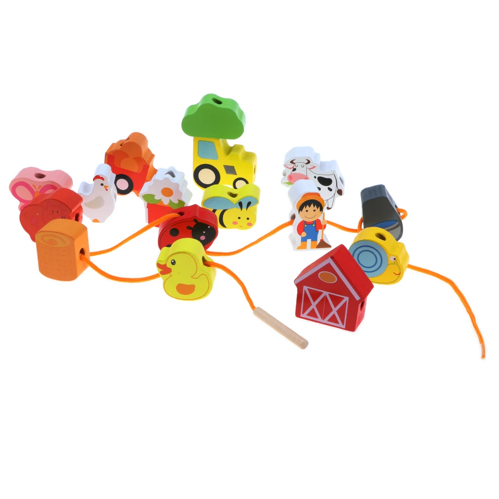 Wooden Lacing & Stringing Beads Cartoon Farm Animals with String Toddler Preschool Fine Motor Skills Toys