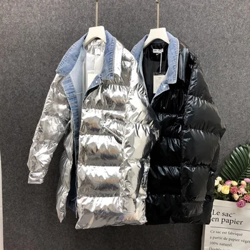 

2019 Loose Patched Wadded Long Parkas Glossy Spliced Winter Jacket Women Silver Cotton Padded Coat Chaqueta Mujer