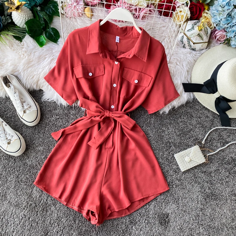 Summer Romper 2020 New Women Short Sleeve Single Breasted Playsuits Bodysuits Woman Slim Belt Bandage Jumpsuits Body Femme Summer Romper 2020 New Women Short Sleeve Single Breasted Playsuits Bodysuits Woman Slim Belt Bandage Jumpsuits Body Femme