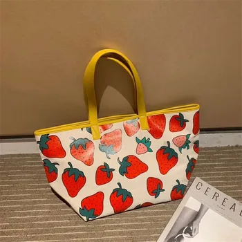 

Women 2020 New Fashion Strawberry Print Canvas Bag Large Capacity Casual Totes Summer Shoulder Shopping Bag Women Handbags