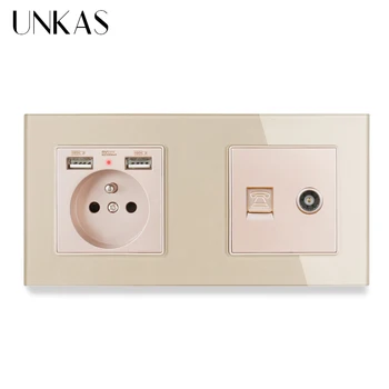 

UNKAS Glass Panel French Standard Electric Socket with 2 USB +1 Gang RJ11 Telephone Connector Female TV Connector 172*86mm