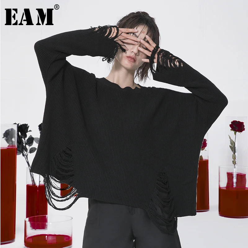 ^*Best Offers [EAM] Black Big Size Tassels Knitting Sweater Loose Fit Round Neck Long Sleeve Women Pullovers New Fashion Spring 2020 1N694