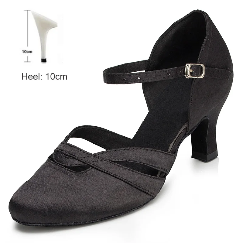 Обувь для бальных танцев для женщин, девушек, дам, Танго/бальных/латинских/современных каблуках, Классические атласные домашние танцевальные туфли, Прямая поставка - Цвет: 10cm Black1