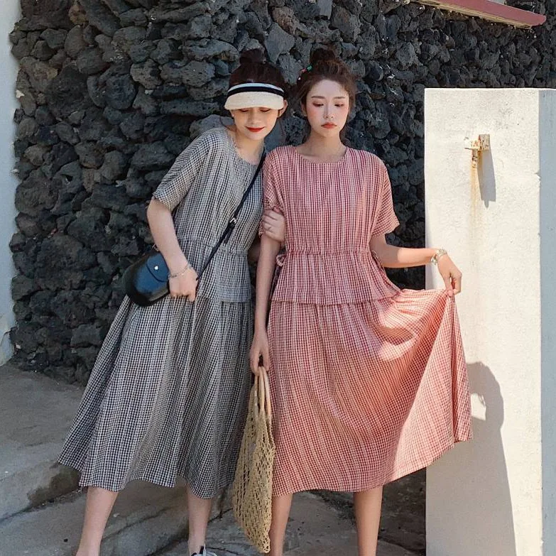 

Photo Shoot ins mori Series Sweet Red And White Plaid Jacquard Mid-length Crew Neck Drawstring Waist Hugging Sisters Dress