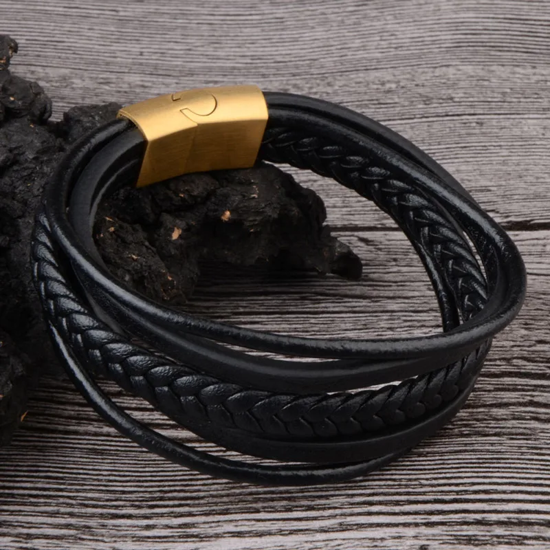Braided Genuine Leather Men Bangle Stainless Steel Magnetic Buckle wristband Bracelet for Men Male Jewelry