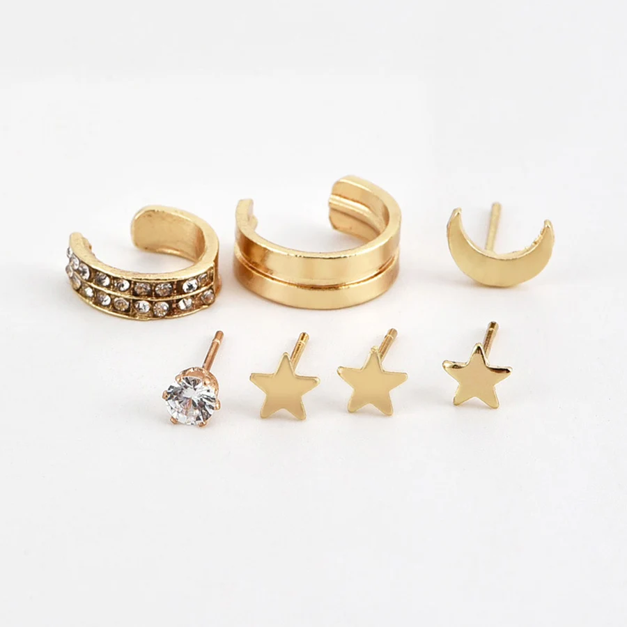 Starbeauty, 7 шт., золотой цвет, звезда, луна, шпилька, пирсинг для ушей, Orelha Helix, пирсинг, Oreja, поддельные пирсинг для ушей, манжета, обруч, поддельные серьги, набор