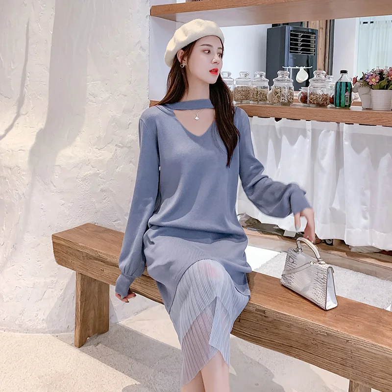 

Knitwear Women Dress Plus Size Lantern Sleeve Tulle Patchwork Knitted Sweater Long Maxi Dresses For Women Elegant Office Ladies