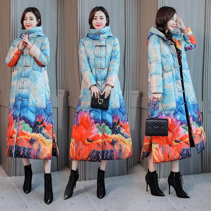 

2018 Winter New Style Loose Cotton Overcoat National Wind Retro Printed Frog Large Size Mid-length down Cotton