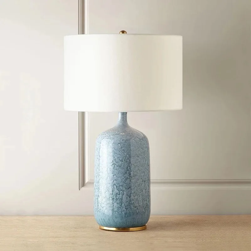 

American country creative blue ceramic table lamp simple bedside bedroom fabric art decorative table lamp