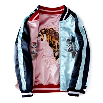 

Stand Women Reversible Jacket Spring Collar Embroidery Crane Tiger Reversible Baseball Uniform Vintage Loose Short Coat HF215
