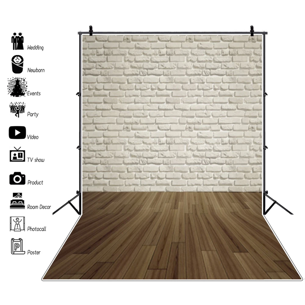 Photo Backdrop Grunge White Brick Wall Wooden Floor Photography Backgrounds For Baby Pet Doll Food Portrait