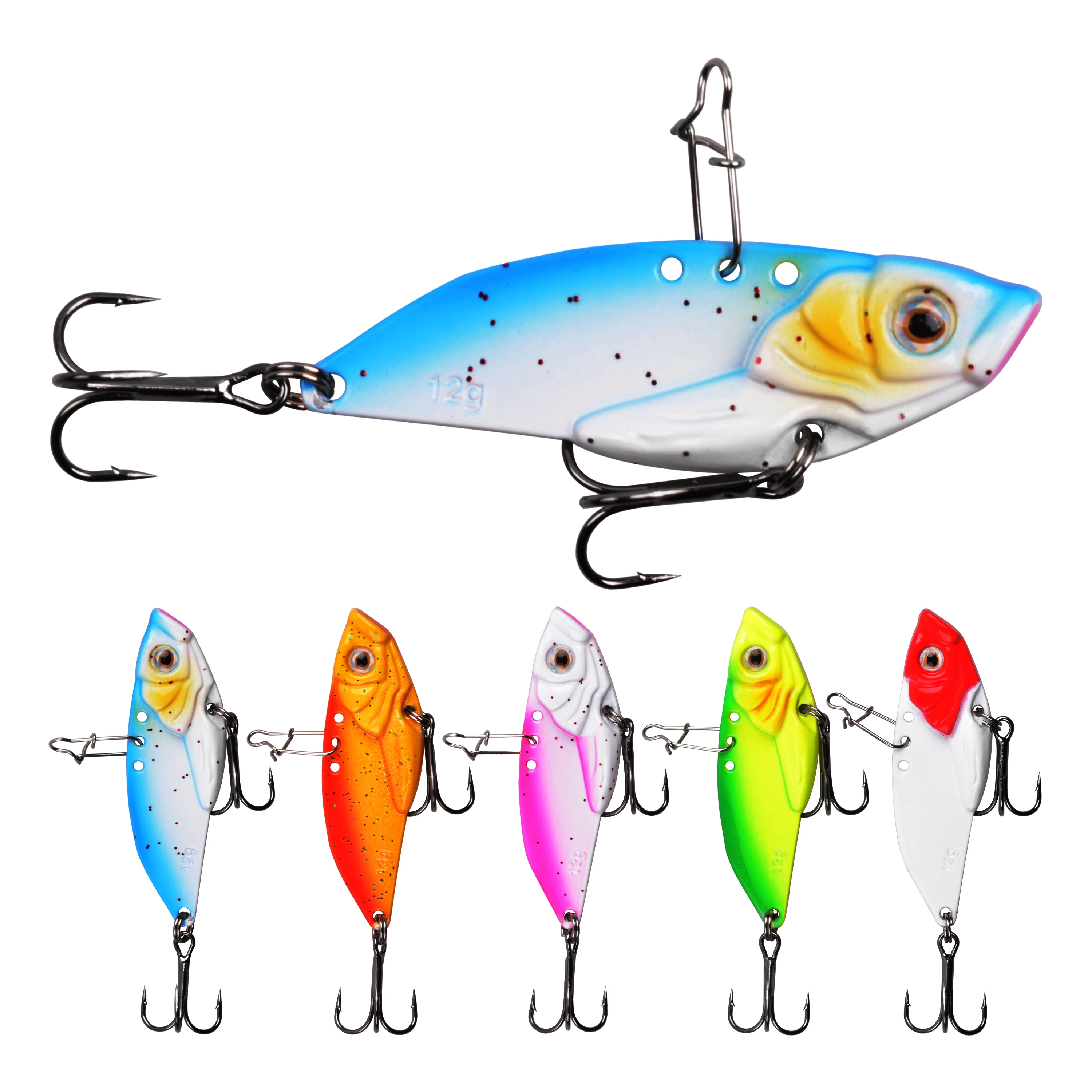 

5PCS Hard Fishing Lures Metal VIB Bass Crankbait Hard Spinner Spoon with 3D Eye Treble Hooks For Salmon Bass Trout