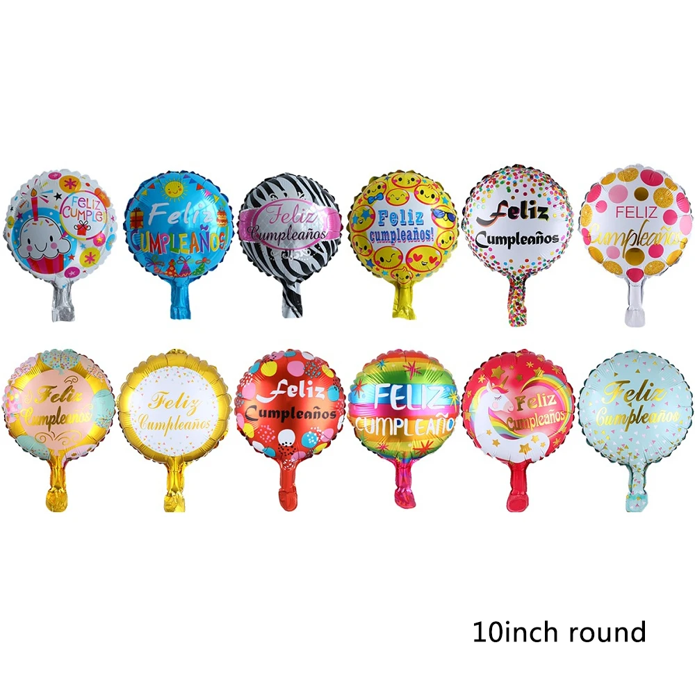 10pcs/lot 10inch Feliz Cumpleanos Spanish Happy Birthday Balloons Round Mylar Helium Balloon Happy Birthday Party Air Globos