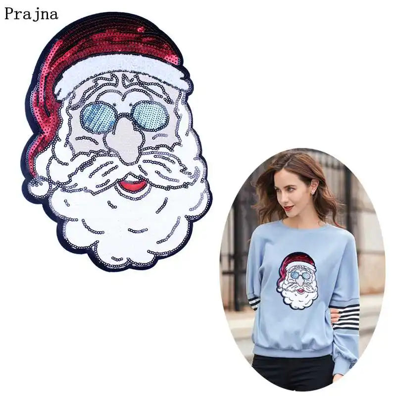 

Prajna Merry Christmas Sequin Patches For Clothing Santa Claus Embroidered Iron On Patches On Clothes Applique DIY Stripes Coat
