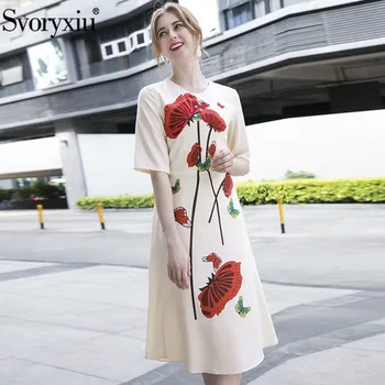 

Svoryxiu 2020 Elegant Runway Summer Party Midi Dresses Women's Half Sleeve Rhinestone Flower Print Vintage Dress Vestdios