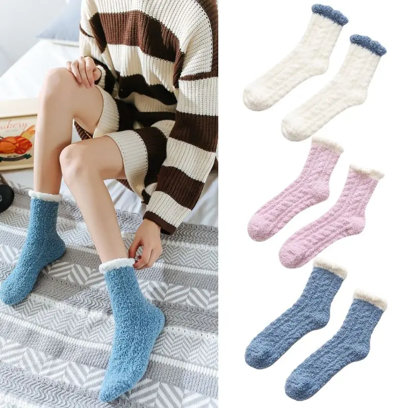 

Japanese Womens Winter Coral Velvet Fuzzy Slipper Socks Braided Cable Knit Thicken Fluffy Plush Solid Candy Color Warm Sleeping