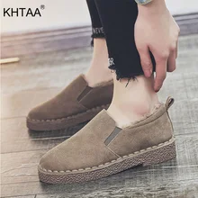KHTAA/зимние женские мокасины без шнуровки; замшевые туфли на плоской подошве; теплые плюшевые мокасины; Женская удобная обувь в рыбацком стиле на платформе; модная женская обувь