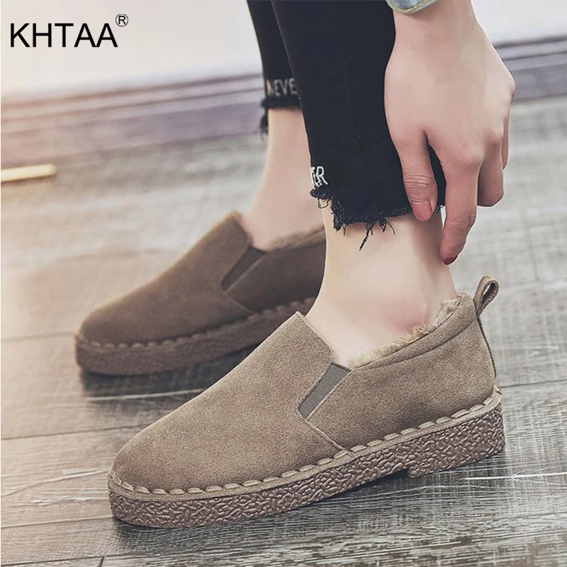 

KHTAA Winter Women Slip On Moccasins Suede Flat Shoes Warm Plush Loafers Female Platform Comfort Fisherman Shoes Ladies Fashion