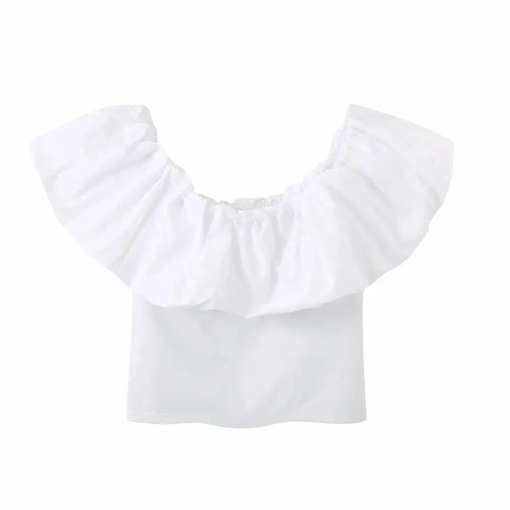 Новинка 2020 женские летние белые топы с оборками футболка широким вырезом и
