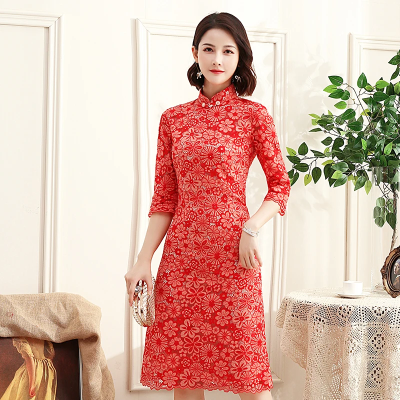 Красное Платье До Колена Cheongsam в китайском стиле, воротник-стойка, кружевное платье с цветочным рисунком, женское летнее платье Qipao, тонкое платье для вечеринок, Vestido M-3XL