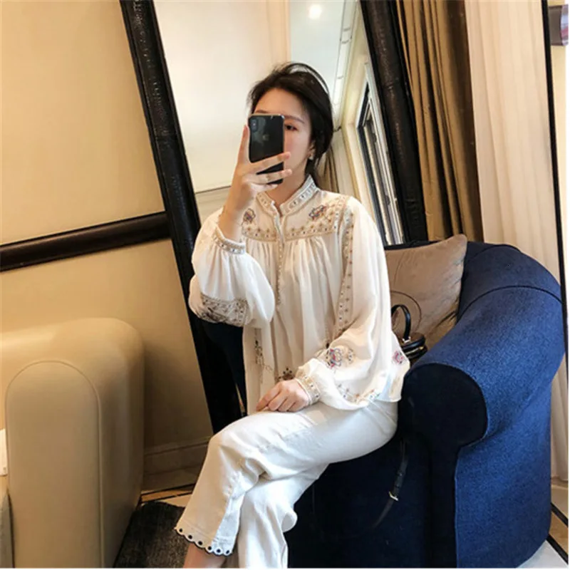 TVVOVVIN Indie FolK Nation Style Embroidery Floral Shirt Woman Lantern Sleeve Chiffon Shirt Long Latern Sleeve Shirt ZX131