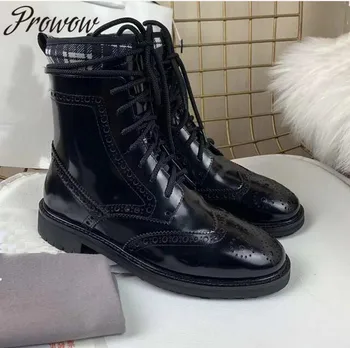 

Prowow New Autumn Winter Black Genuine Leather Gladiator Lace Up Ankle Boots Thick Heel Low Heel Women Boots Shoes Women