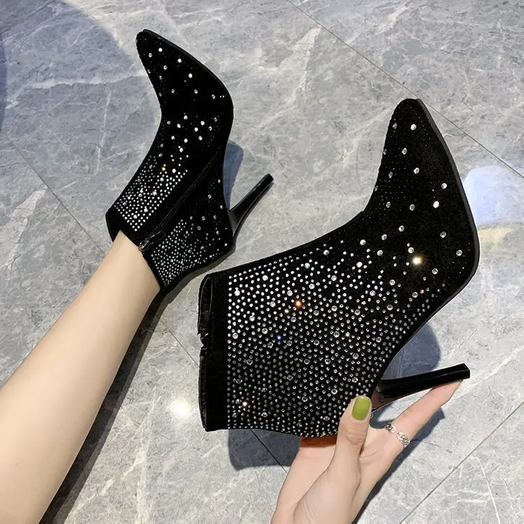 

Short Boots Woman Exceed Sharp 2019 High-heeled Shoes Fine With Rhinestone Zipper