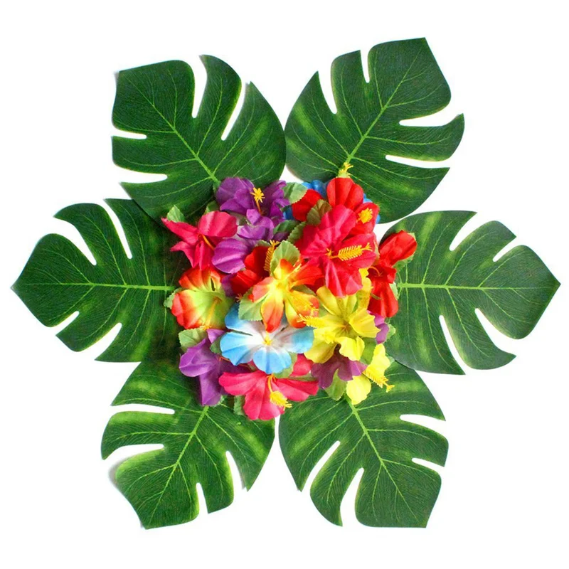 

30Pcs Artificial Plant Simulation Leaves Tropical Palm Leaves 24 Petals Lifelike Hibiscus Flower Petals DIY Party Decoration