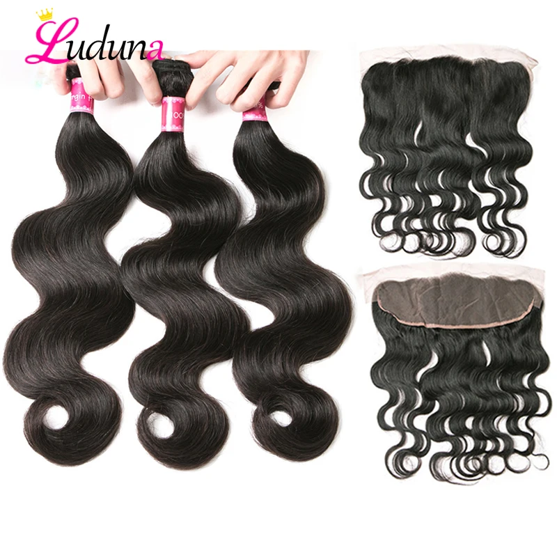 

Luduna 13*4 Bundles With Frontal Brazilian Body Wave With Frontal Human Hair Frontal With Bundle Non-Remy Hair Extension