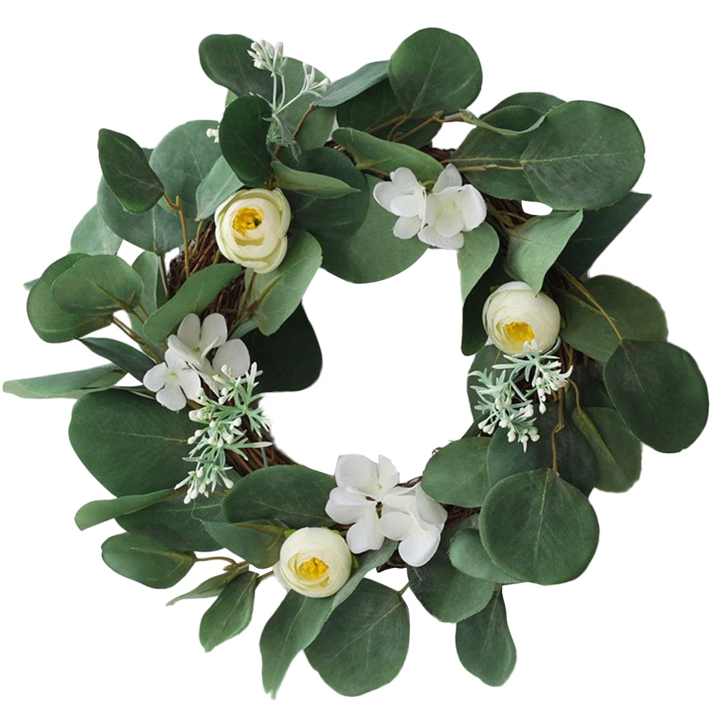 13.8 Inch Succulent Vine Wreath with White Flowers Arrangement for Front Door Home Office Real Twig Based Back