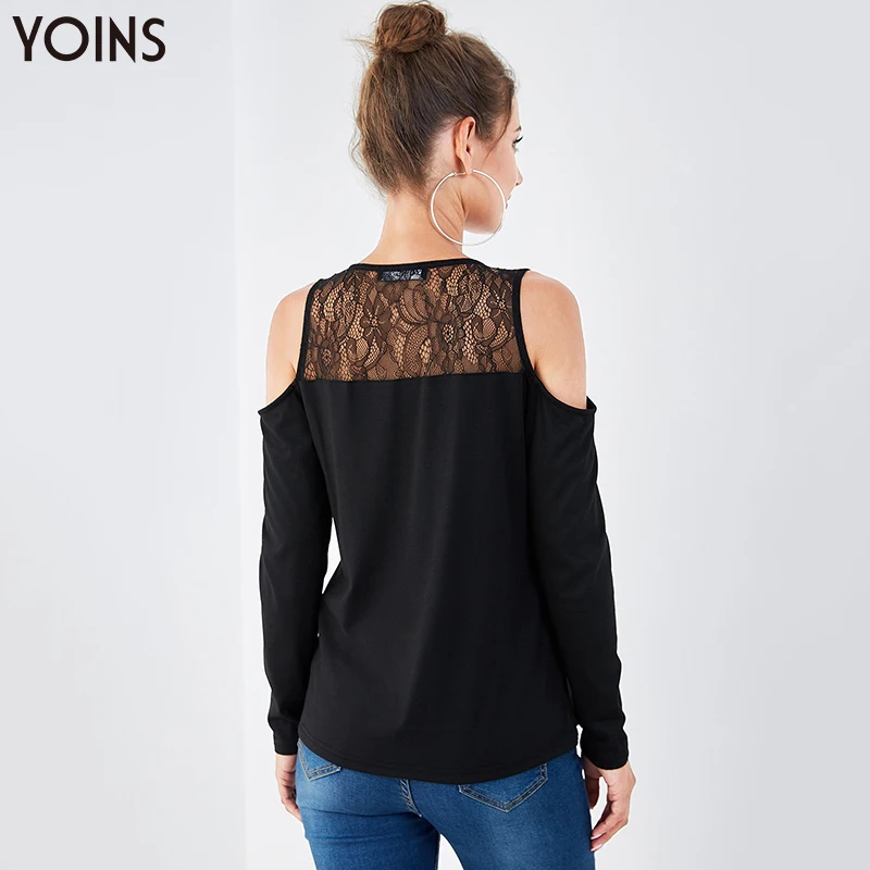 YOINS Spring Autumn Winter Women White Top Blouses Black Cut Out Cold Shoulder Zip Front Lace Long Sleeves Knitwear Regular