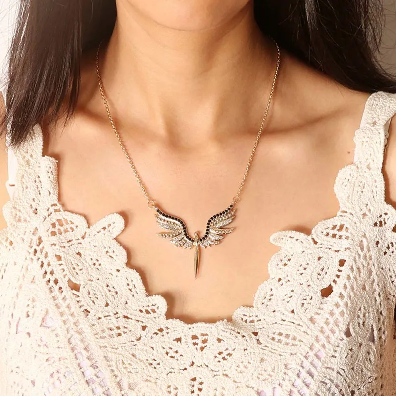 intage Gold Color Zircon Clear Crystal Angel Wings Necklaces for Women Collar Colar Gift Girl Jewelry